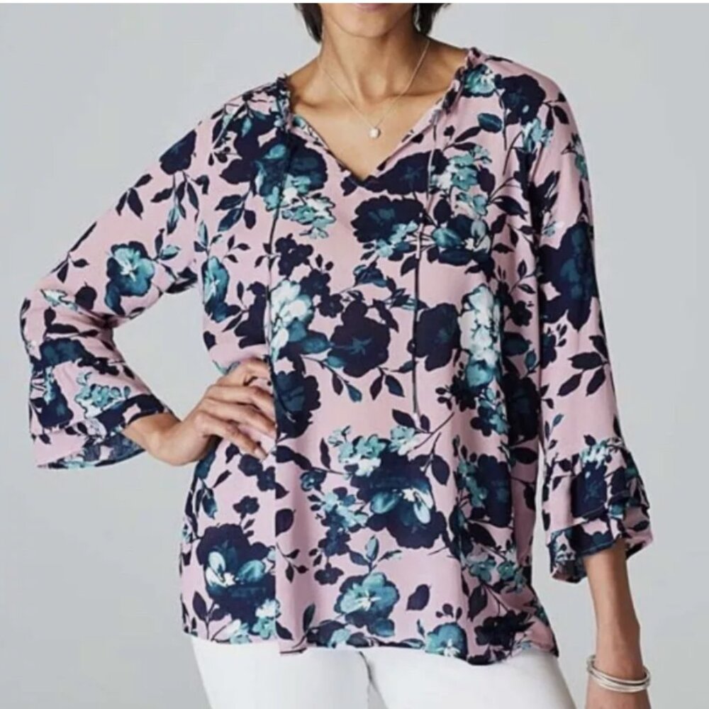 J.Jill Mauve Beautiful Blossoms Blouse Size M Ruffle Sleeve Tie Neck